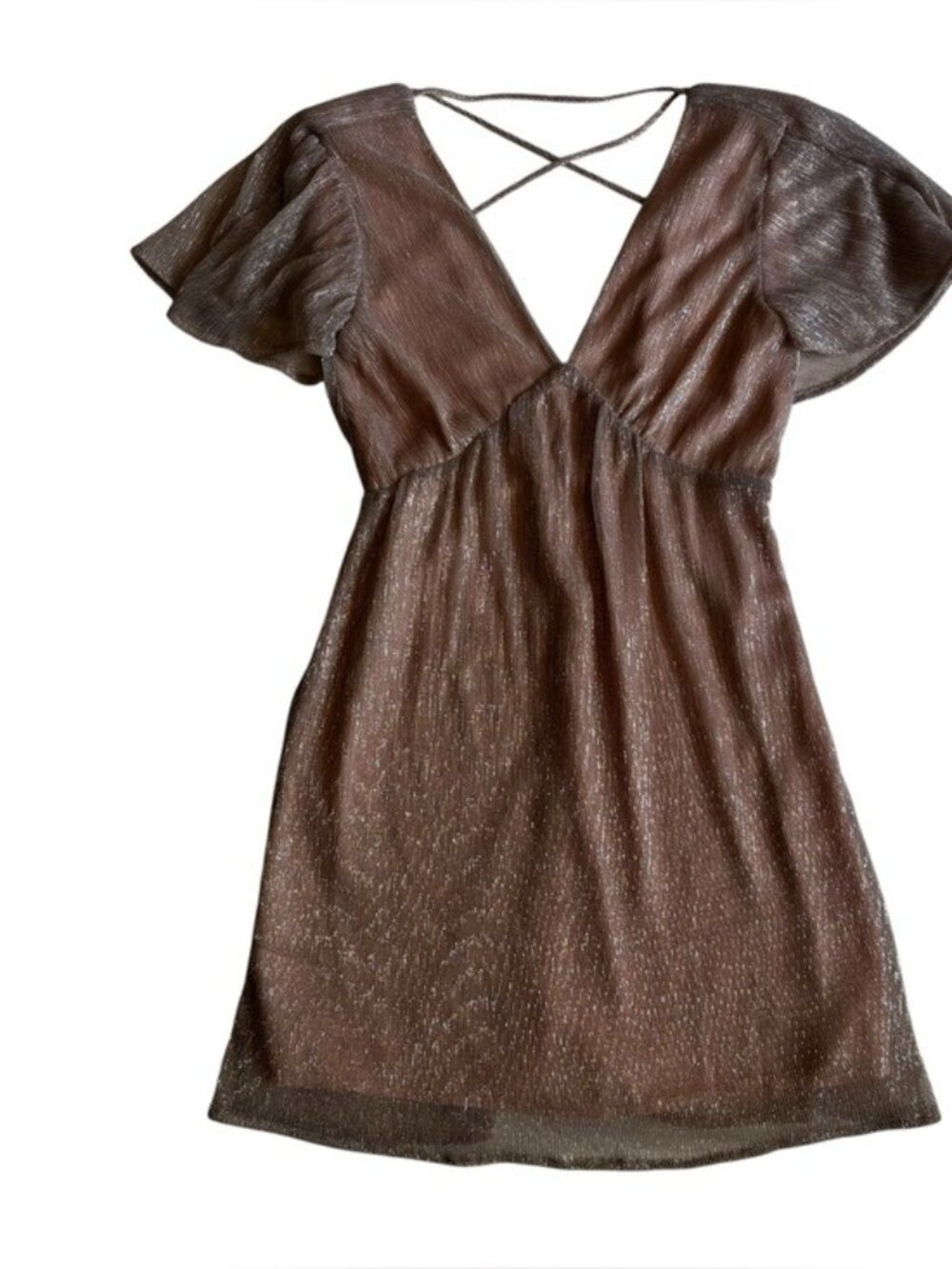 Francesca’s Gold with Pink Undertone Plunge Neckline Short Sleeve Dress-xxs-NWT